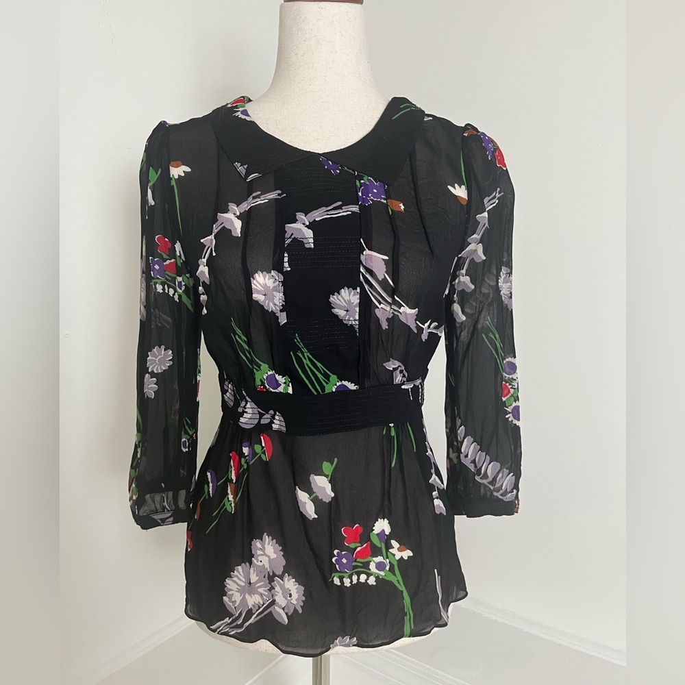 BODEN Floral Black Sheer Top with Black Satin Cami Twee SZ 6